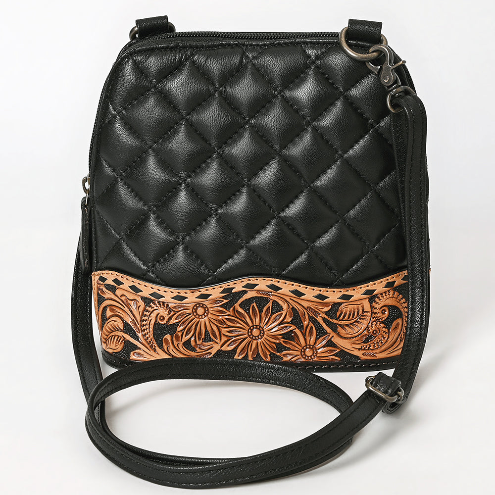 American Darling Western Cross Body Bag Handcrafted from Quilted & Hand-Tooled Genuine Leather | Floral Carved Accent, Buckstitch & YKK Zipper
