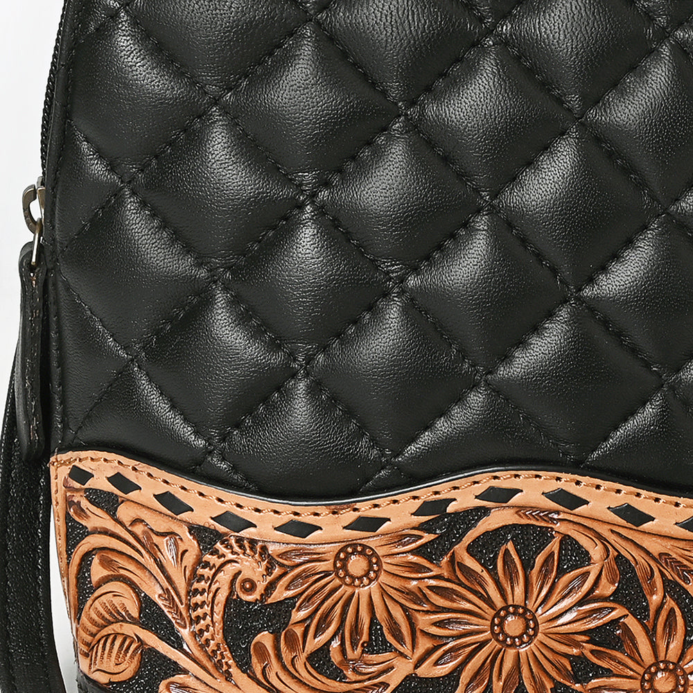 American Darling Western Cross Body Bag Handcrafted from Quilted & Hand-Tooled Genuine Leather | Floral Carved Accent, Buckstitch & YKK Zipper