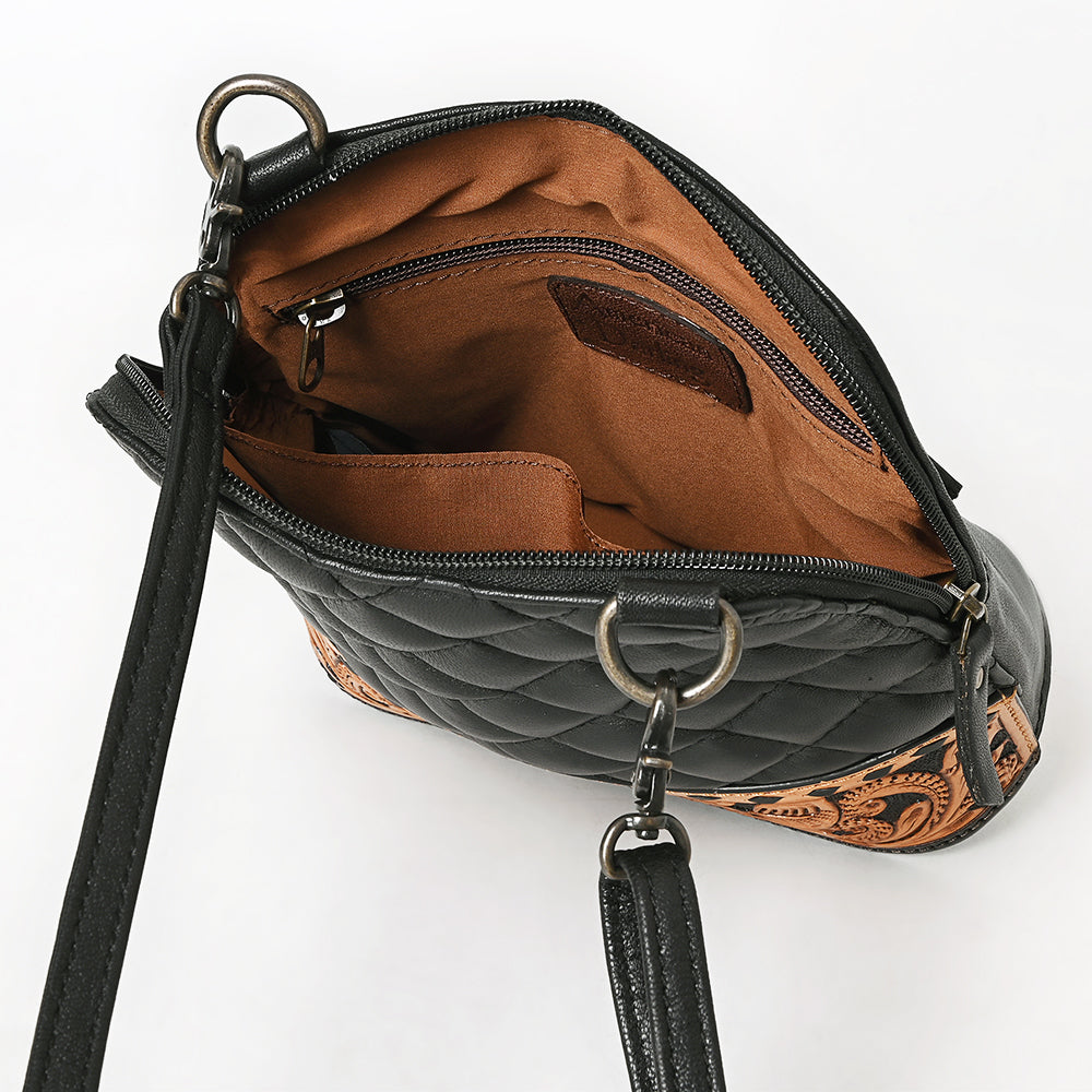 American Darling Western Cross Body Bag Handcrafted from Quilted & Hand-Tooled Genuine Leather | Floral Carved Accent, Buckstitch & YKK Zipper