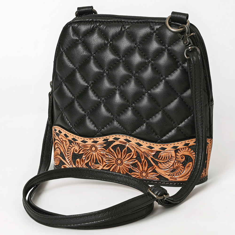 American Darling Western Cross Body Bag Handcrafted from Quilted & Hand-Tooled Genuine Leather | Floral Carved Accent, Buckstitch & YKK Zipper