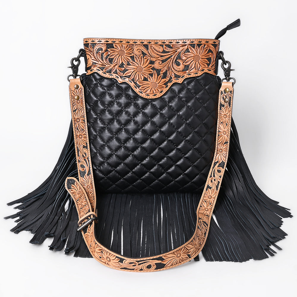 American Darling Large Western Cross Body Bag Handcrafted from Quilted & Hand-Tooled Genuine Leather | Full Fringe, Buckstitch & YKK Zipper