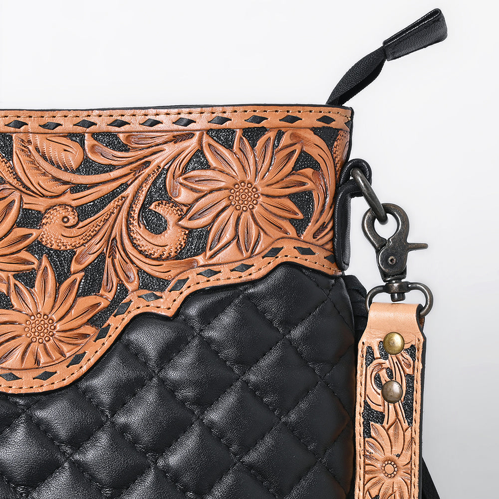 American Darling Large Western Cross Body Bag Handcrafted from Quilted & Hand-Tooled Genuine Leather | Full Fringe, Buckstitch & YKK Zipper
