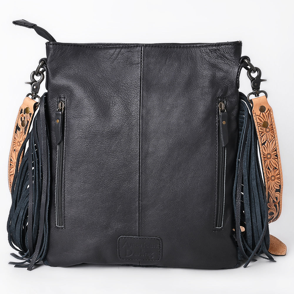 American Darling Large Western Cross Body Bag Handcrafted from Quilted & Hand-Tooled Genuine Leather | Full Fringe, Buckstitch & YKK Zipper