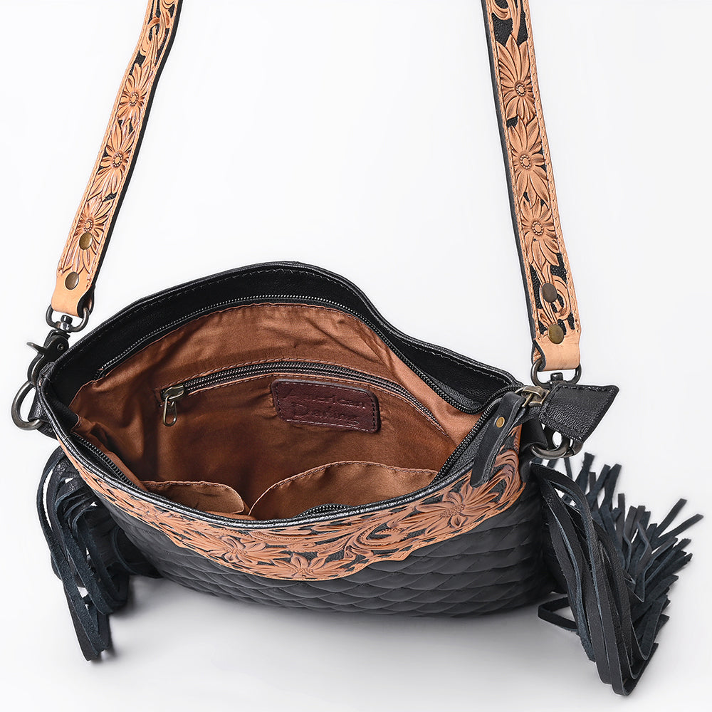 American Darling Large Western Cross Body Bag Handcrafted from Quilted & Hand-Tooled Genuine Leather | Full Fringe, Buckstitch & YKK Zipper