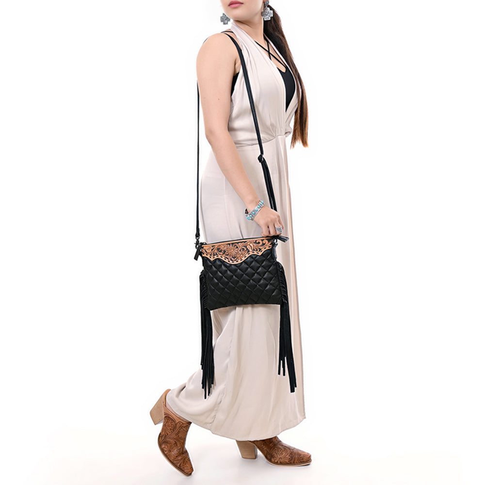 American Darling Western Black Cross Body Bag Handcrafted from Quilted & Tooled Genuine Leather | Full Fringe Accent, Flap Closure & YKK Zipper