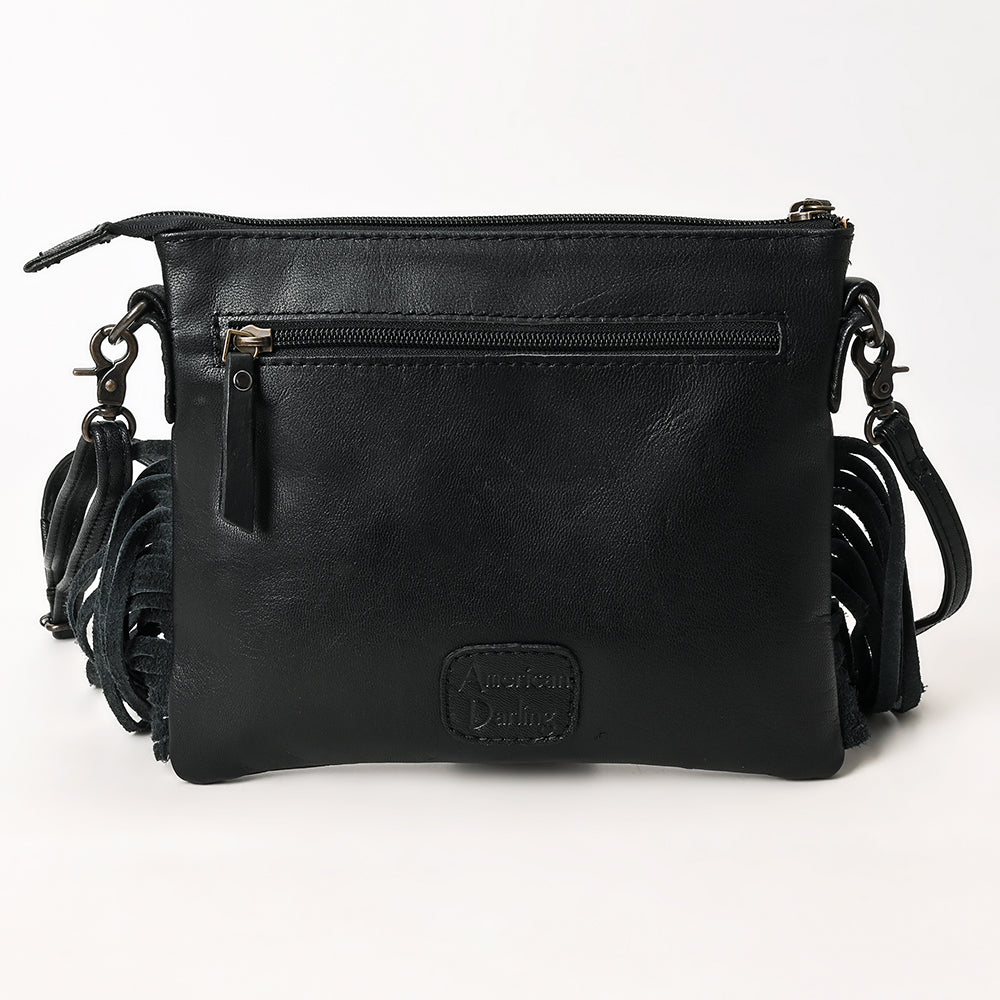 American Darling Western Black Cross Body Bag Handcrafted from Quilted & Tooled Genuine Leather | Full Fringe Accent, Flap Closure & YKK Zipper