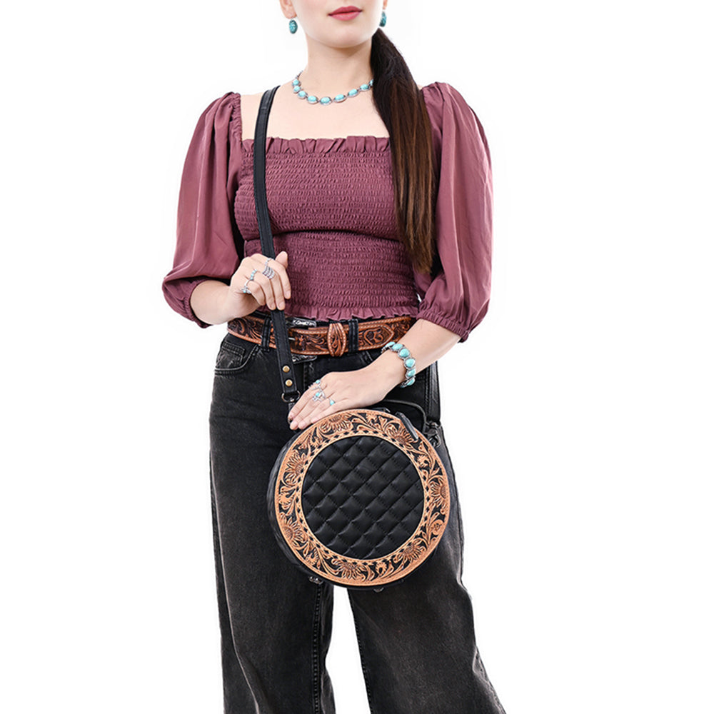 American Darling Black Western Round Canteen Bag Handcrafted from Quilted & Hand-Tooled Genuine Leather | Floral Carved Frame, Buckstitch & YKK Zipper