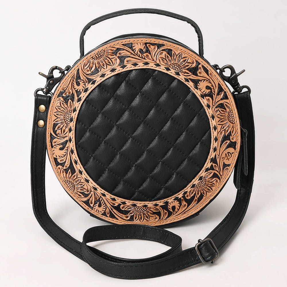 American Darling Black Western Round Canteen Bag Handcrafted from Quilted & Hand-Tooled Genuine Leather | Floral Carved Frame, Buckstitch & YKK Zipper