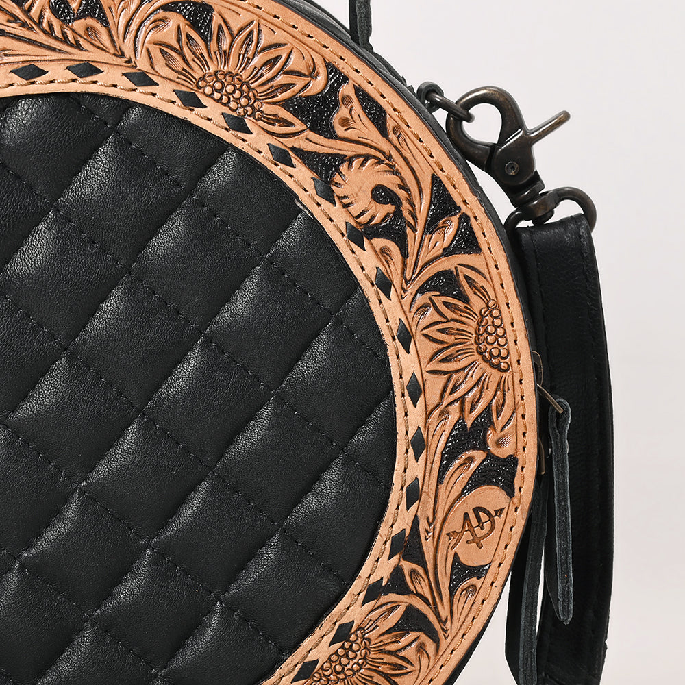 American Darling Black Western Round Canteen Bag Handcrafted from Quilted & Hand-Tooled Genuine Leather | Floral Carved Frame, Buckstitch & YKK Zipper
