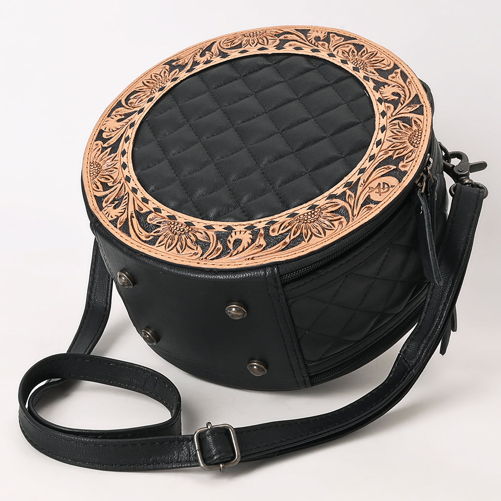 American Darling Black Western Round Canteen Bag Handcrafted from Quilted & Hand-Tooled Genuine Leather | Floral Carved Frame, Buckstitch & YKK Zipper