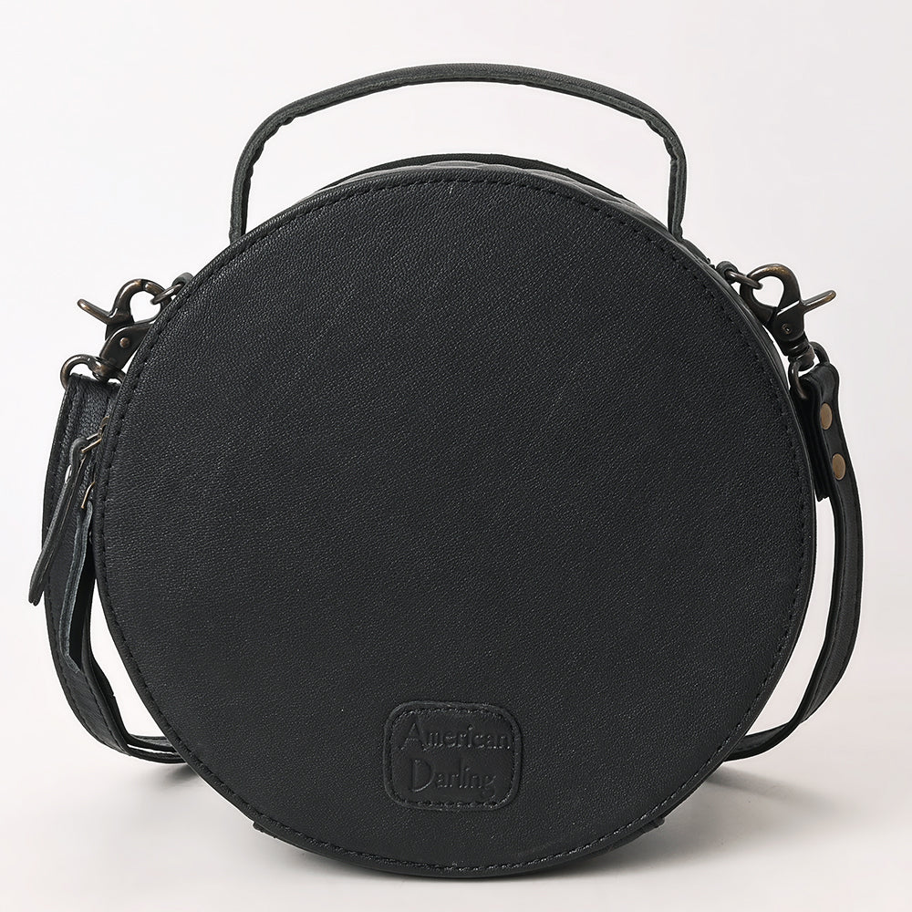 American Darling Black Western Round Canteen Bag Handcrafted from Quilted & Hand-Tooled Genuine Leather | Floral Carved Frame, Buckstitch & YKK Zipper