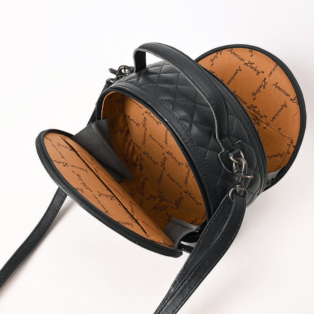 American Darling Black Western Round Canteen Bag Handcrafted from Quilted & Hand-Tooled Genuine Leather | Floral Carved Frame, Buckstitch & YKK Zipper
