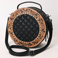 American Darling Black Western Round Canteen Bag Handcrafted from Quilted & Hand-Tooled Genuine Leather | Floral Carved Frame, Buckstitch & YKK Zipper