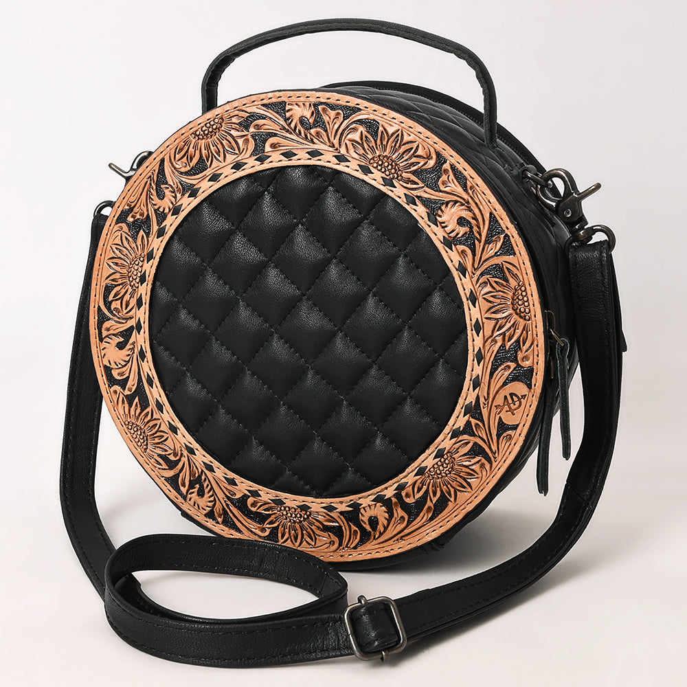 American Darling Black Western Round Canteen Bag Handcrafted from Quilted & Hand-Tooled Genuine Leather | Floral Carved Frame, Buckstitch & YKK Zipper