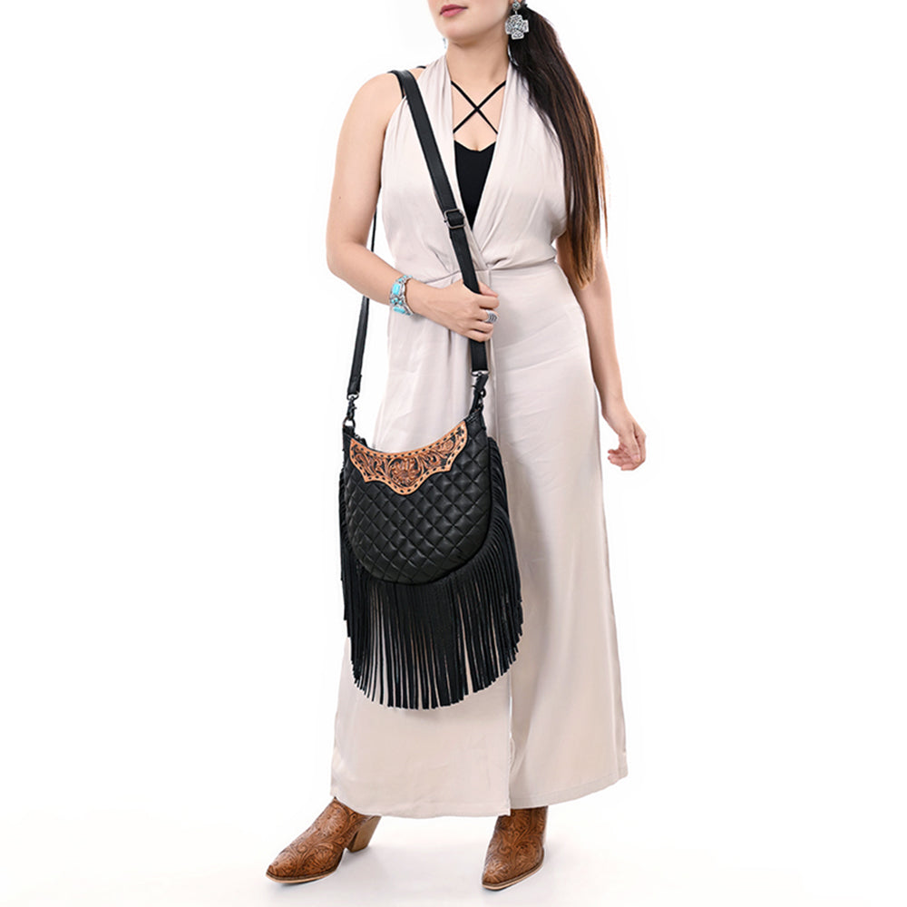 American Darling Large Western Cross Body Hobo Bag Handcrafted from Quilted & Hand-Tooled Genuine Leather | Full Fringe, Buckstitch & YKK Zipper