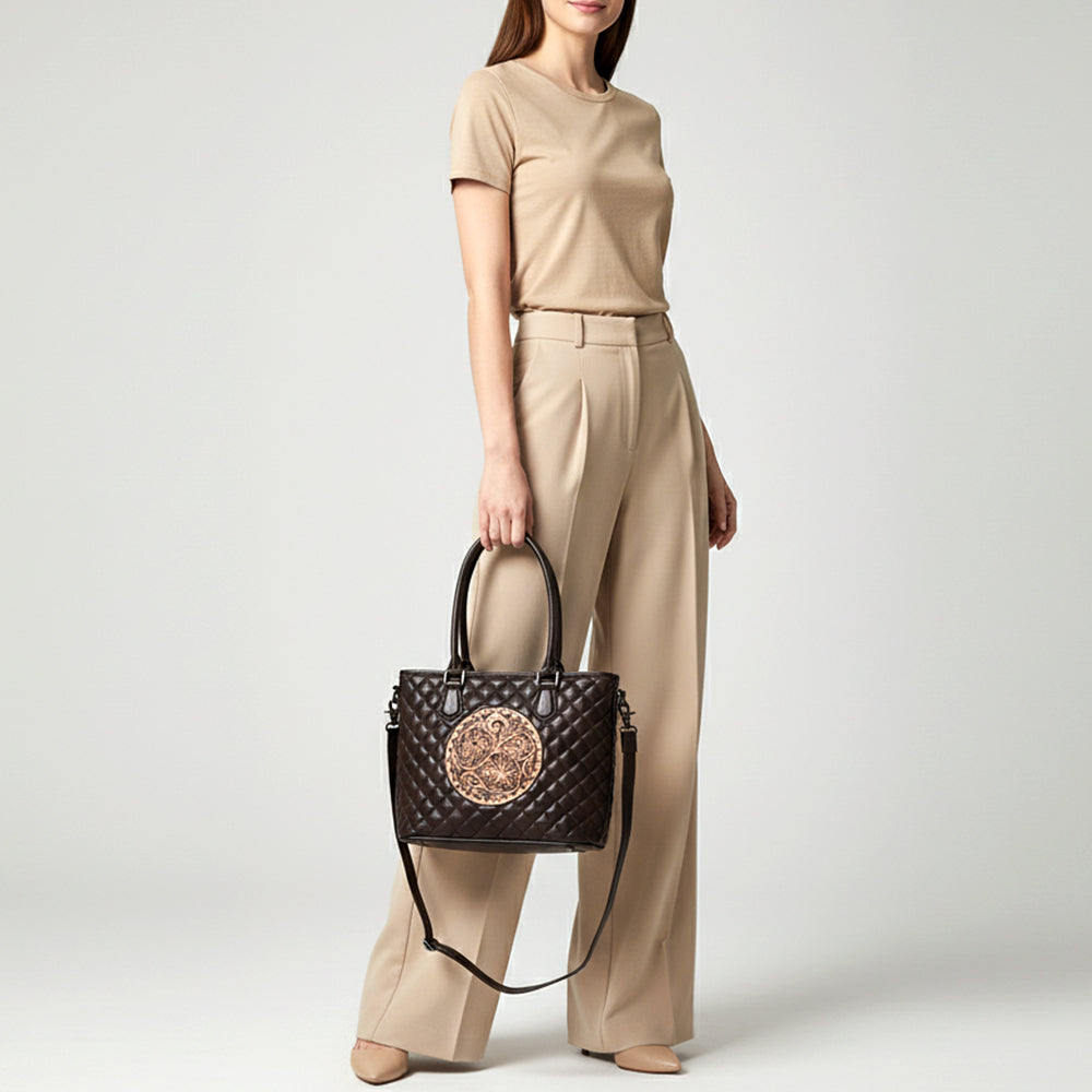 American Darling Western Tote Bag Handcrafted from Quilted & Hand-Tooled Genuine Leather | Floral Carved Accent, Buckstitch & YKK Zipper