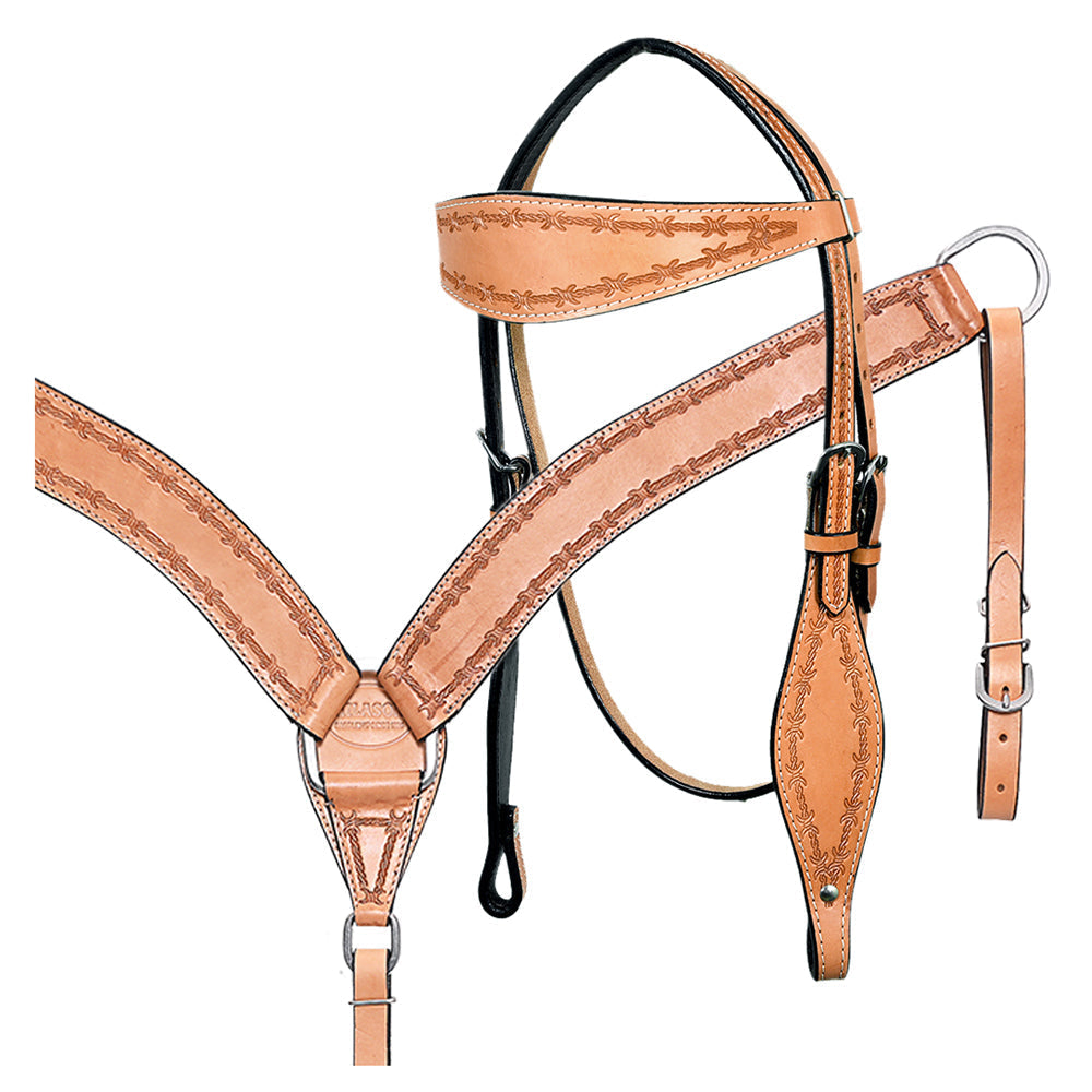 HILASON Western Horse Headstall Breast Collar Set Tack Genuine American Leather Barb Wire Tan