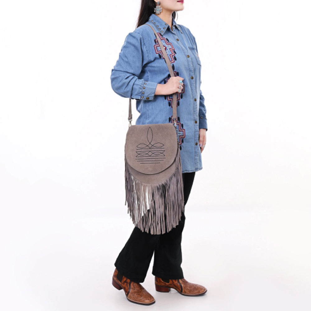 American Darling Boot Stitched Genuine Suede Leather Messenger Bag Genuine Western Fringe Crossbody Purse with YKK Zipper