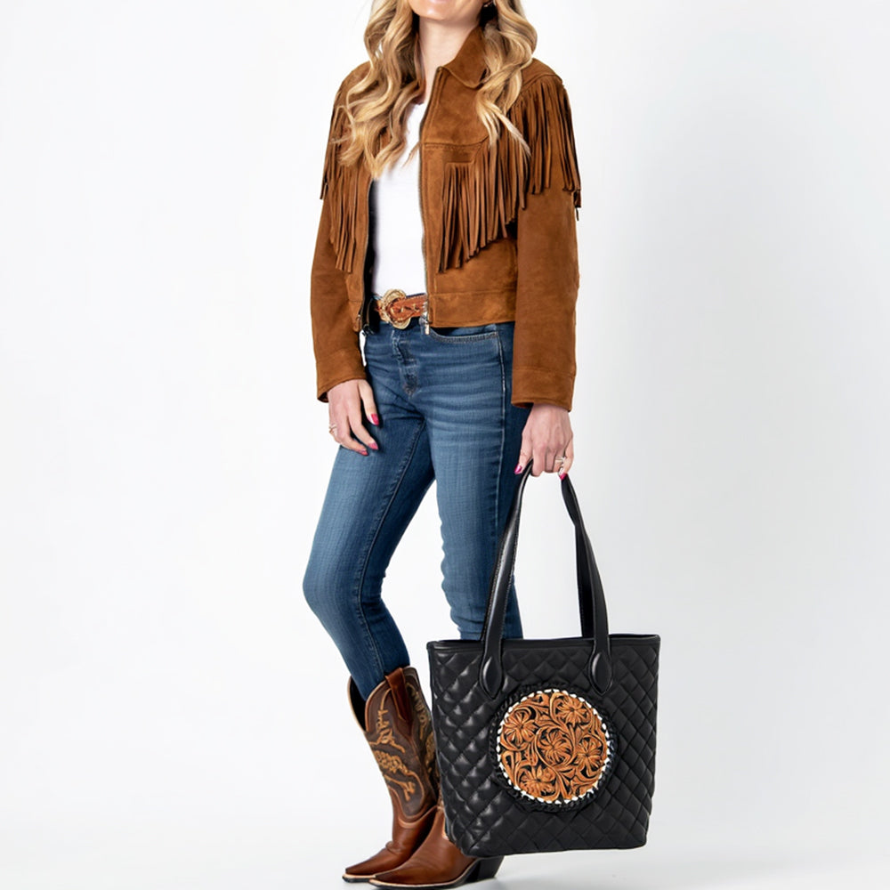 American Darling Women's Quilted Hand Tooled Floral Carved Genuine Leather Tote Bag Eco-Friendly Full Grain Western Purse