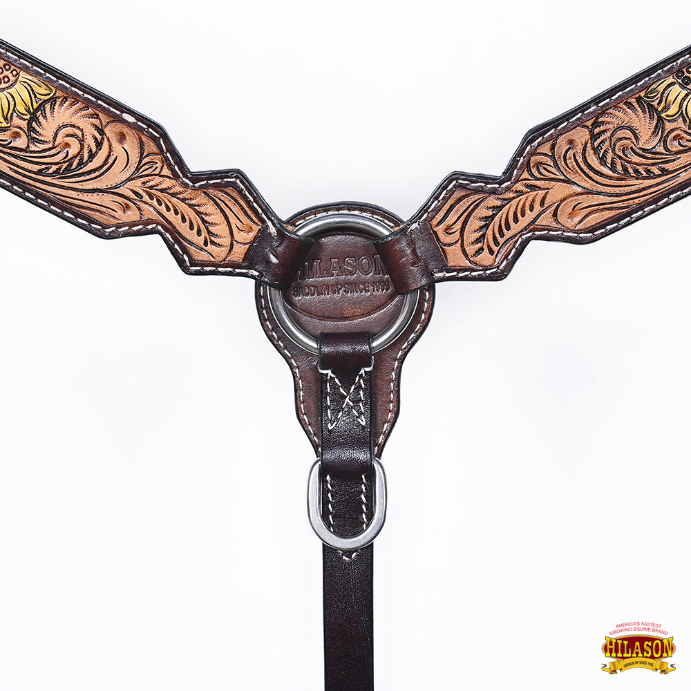 Hilason Horse Floral Hand Painted American Leather Breast Collar Headstall Dark Brown