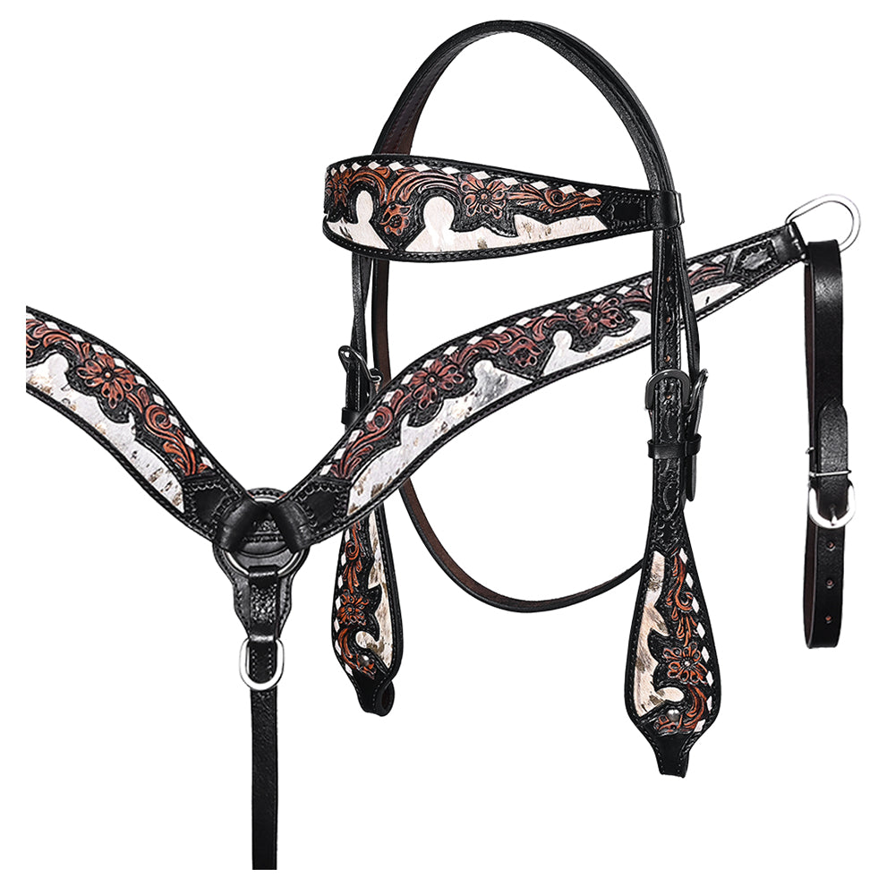 Hilason Horse Floral Hand Carved American Leather Breast Collar Headstall Dark Brown