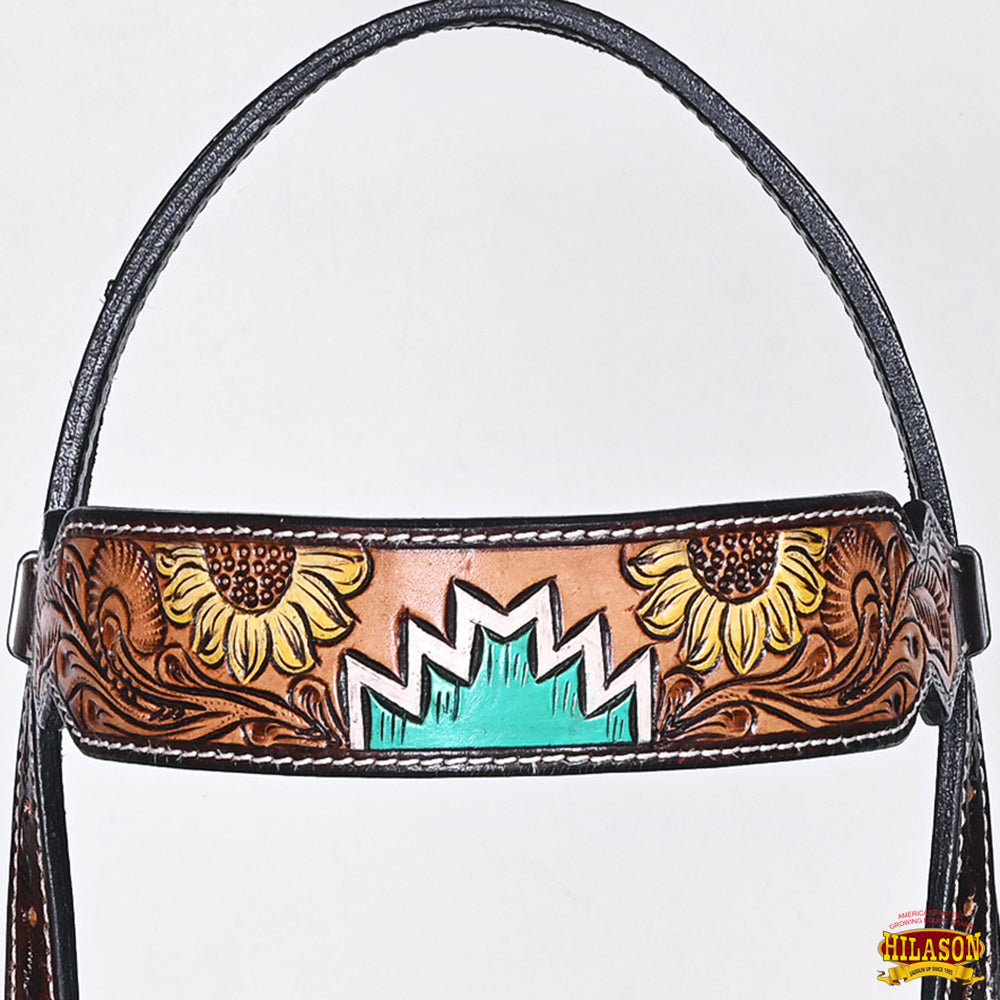 Hilason Horse Floral Hand Painted American Leather Breast Collar Headstall Dark Brown