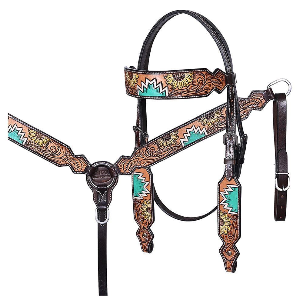 Hilason Horse Floral Hand Painted American Leather Breast Collar Headstall Dark Brown