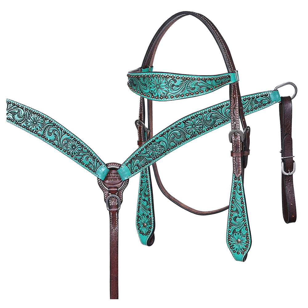 Hilason Horse Floral Hand Painted American Leather Breast Collar Headstall Turquoise