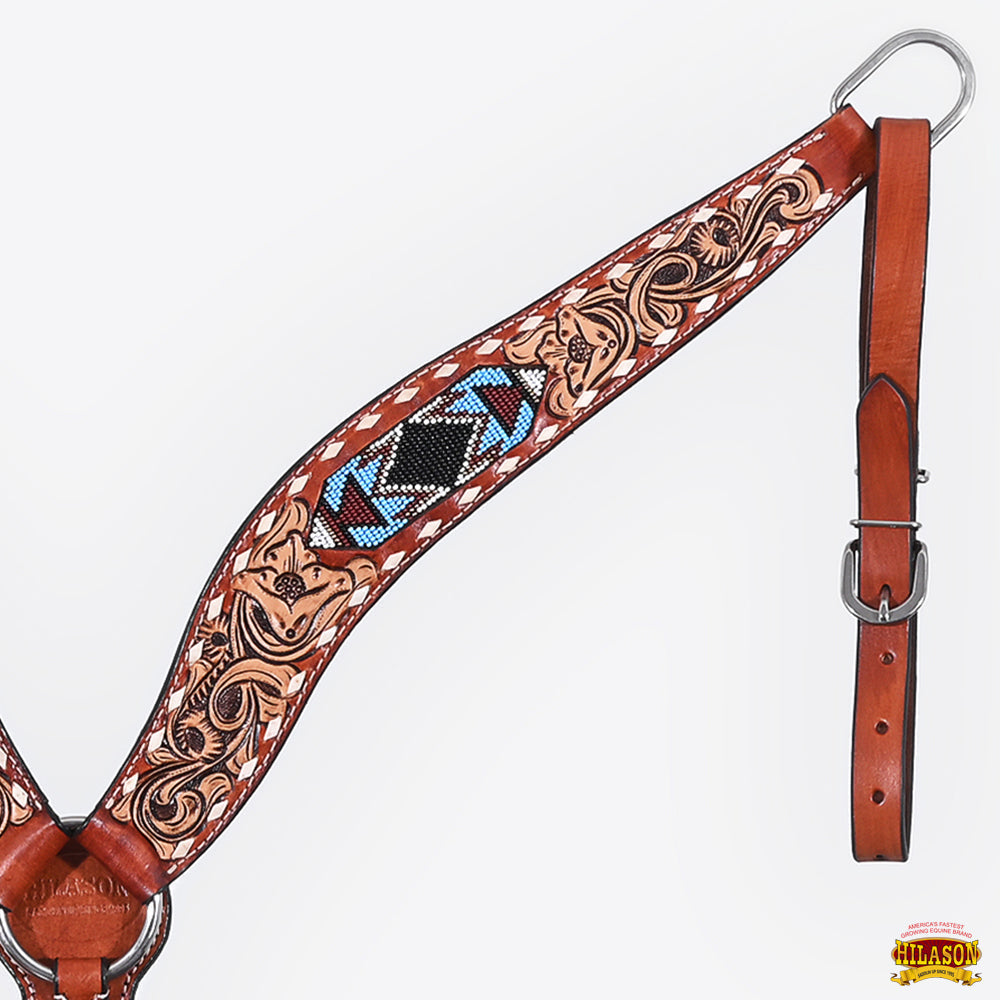 Hilason Horse Floral Hand Carved American Leather Breast Collar Headstall W/ Beaded Work Brown
