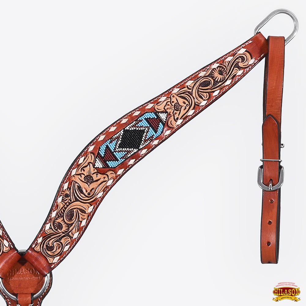 Western Horse Headstall And Floral Beaded Leather Breast Collar