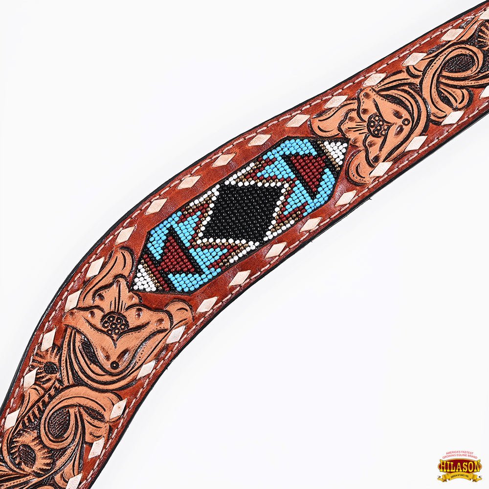 Western Horse Headstall And Floral Beaded Leather Breast Collar
