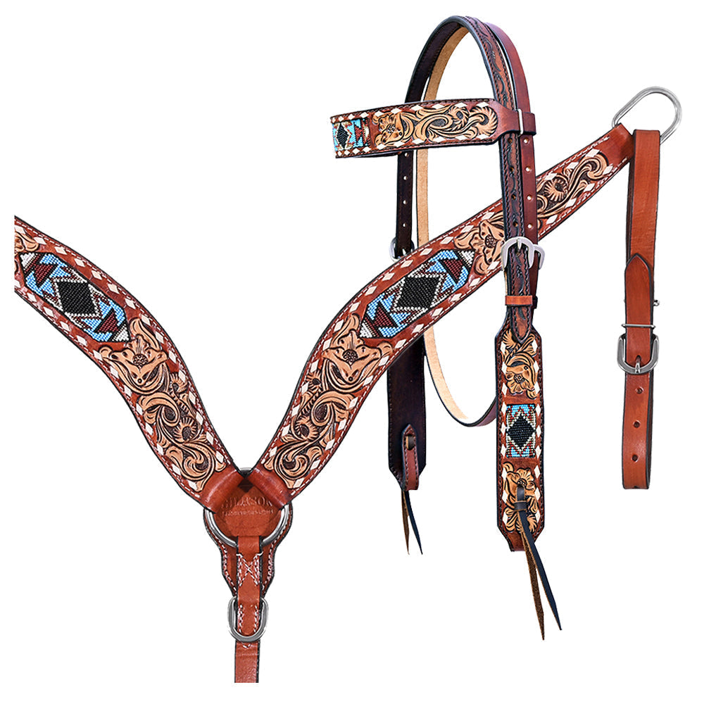 Hilason Horse Floral Hand Carved American Leather Breast Collar Headstall W/ Beaded Work Brown