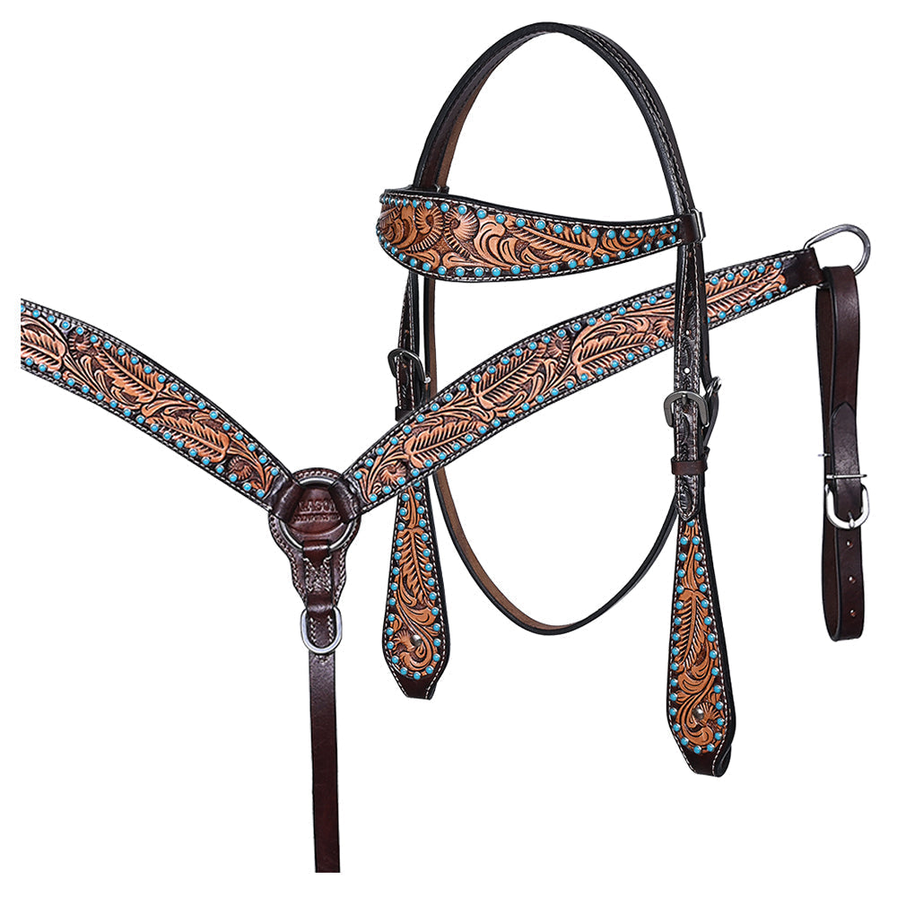 HILASON Western Horse Leaf Headstall Breast Collar Set Genuine Leather Dark Brown