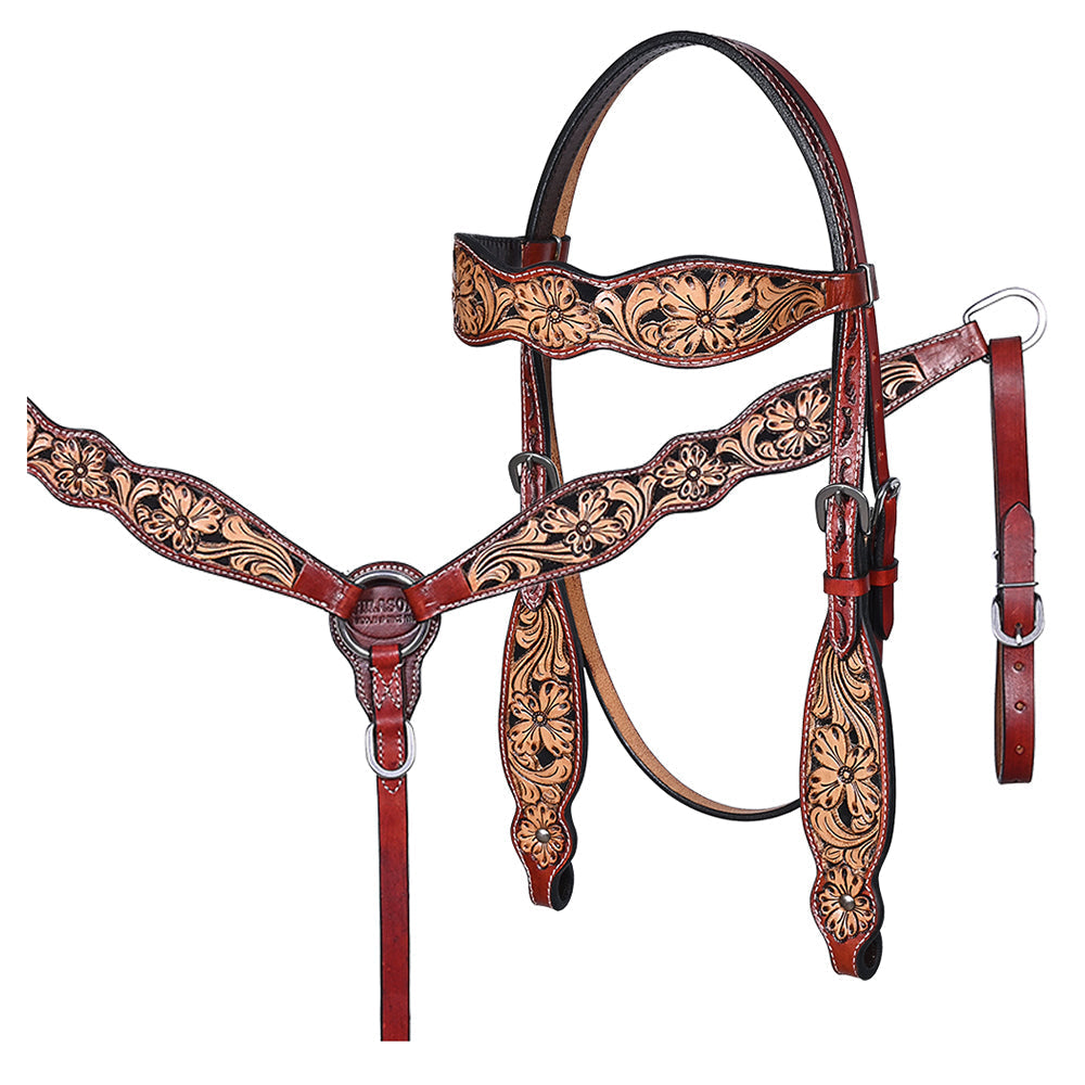 HILASON Western Horse Floral Hand Carved Tack Set Genuine Leather Brown