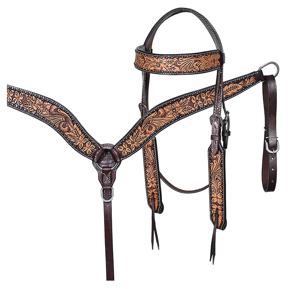 Hilason Horse Floral Hand Carved American Leather Breast Collar Headstall Dark Brown