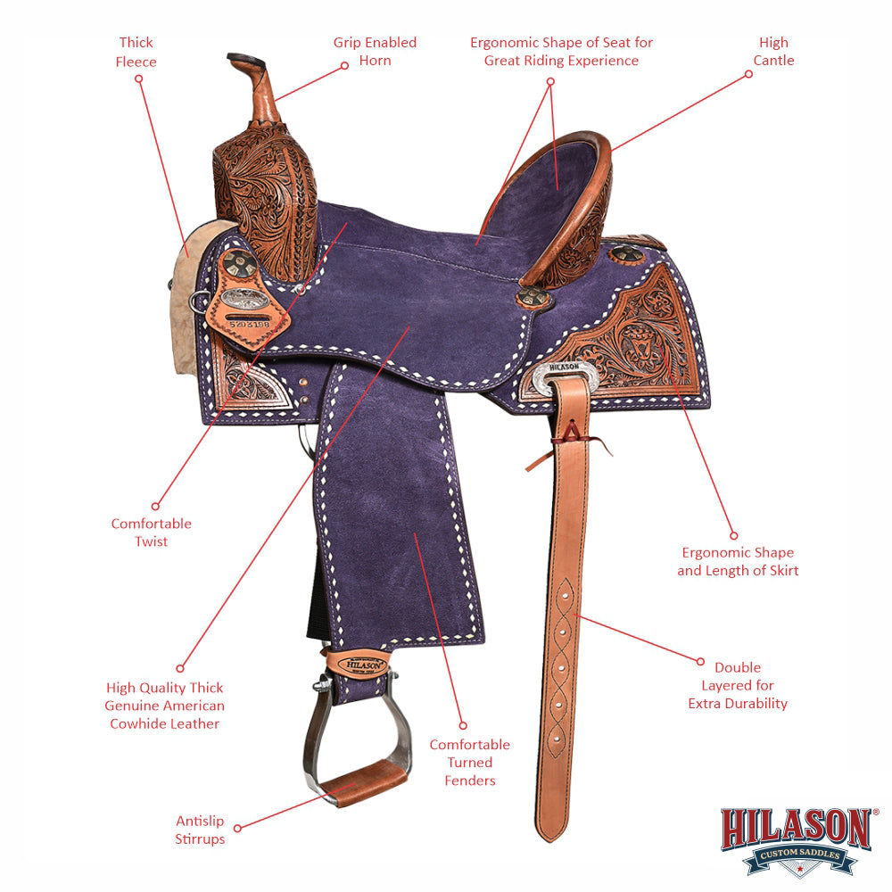 Hilason Western Horse Barrel Flex Tree Trail American Leather Saddle Blue Gorgeous Floral Hand Tooled & Carved