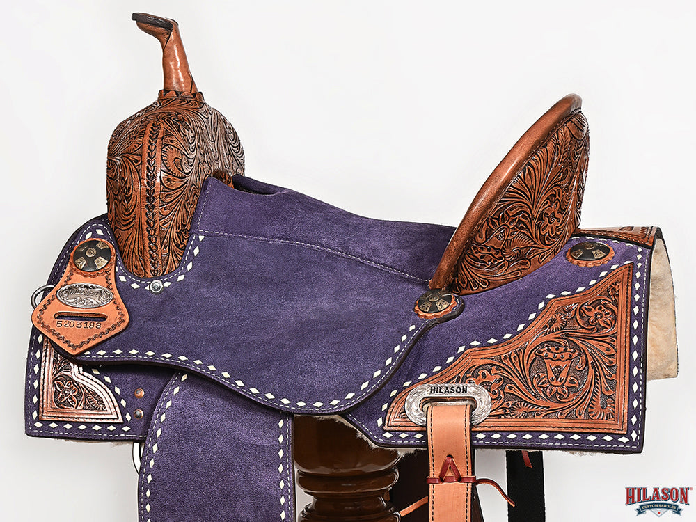 Hilason Western Horse Barrel Flex Tree Trail American Leather Saddle Blue Gorgeous Floral Hand Tooled & Carved
