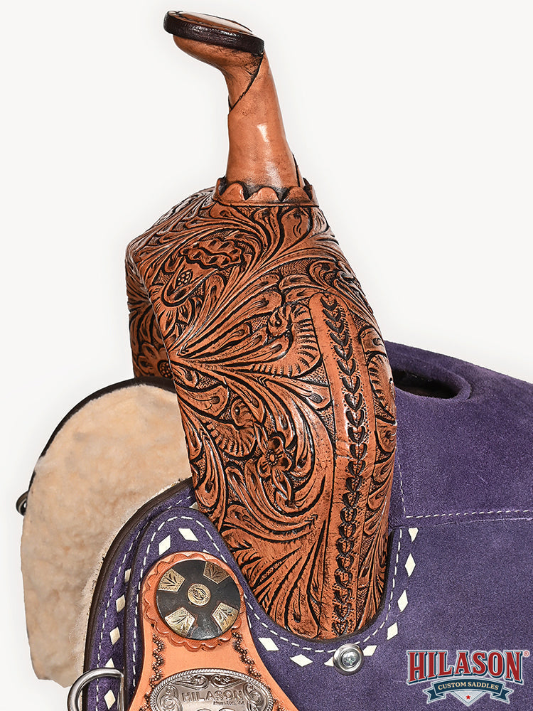 Hilason Western Horse Barrel Flex Tree Trail American Leather Saddle Blue Gorgeous Floral Hand Tooled & Carved