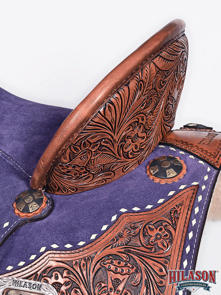 Hilason Western Horse Barrel Flex Tree Trail American Leather Saddle Blue Gorgeous Floral Hand Tooled & Carved