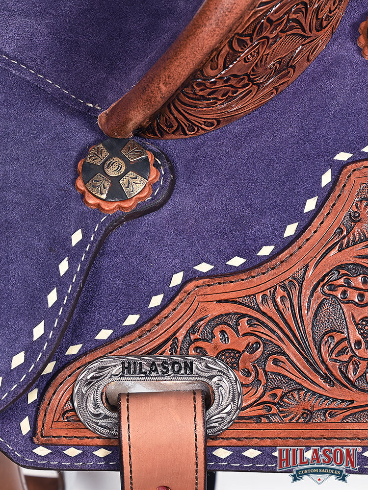 Hilason Western Horse Barrel Flex Tree Trail American Leather Saddle Blue Gorgeous Floral Hand Tooled & Carved