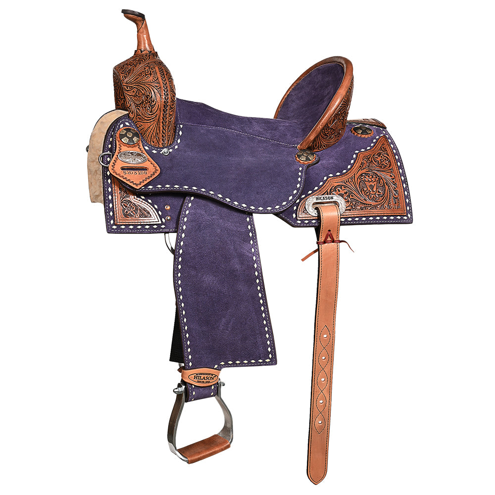Hilason Western Horse Barrel Flex Tree Trail American Leather Saddle Blue Gorgeous Floral Hand Tooled & Carved