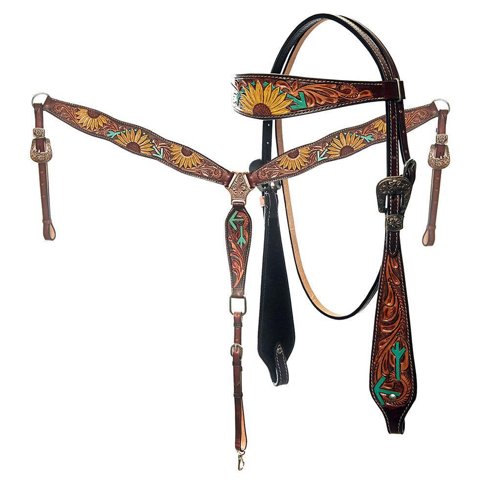 American Darling Western Horse Floral Headstall Breast Collar Genuine Leather Brown