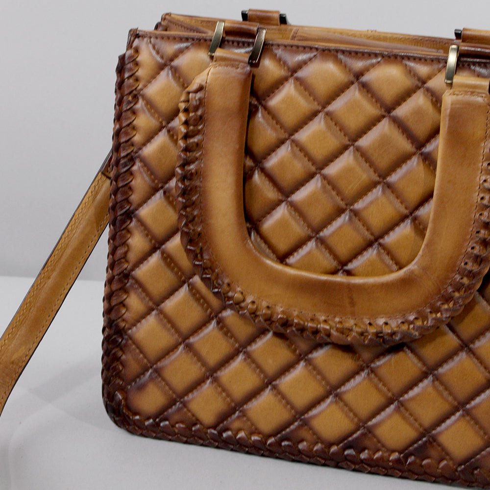 Handcrafted Leather Crossbody Bag With Diamond Quilting Details In Burnished Tan