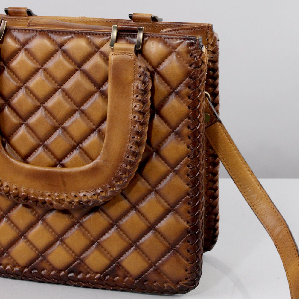 Handcrafted Leather Crossbody Bag With Diamond Quilting Details In Burnished Tan