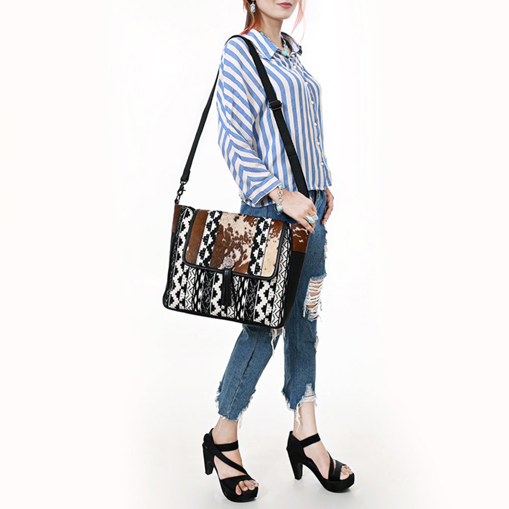 OHLAY Crossbody Hair On Upcycled Canvas Genuine Leather Women Bag Western Handbag Purse