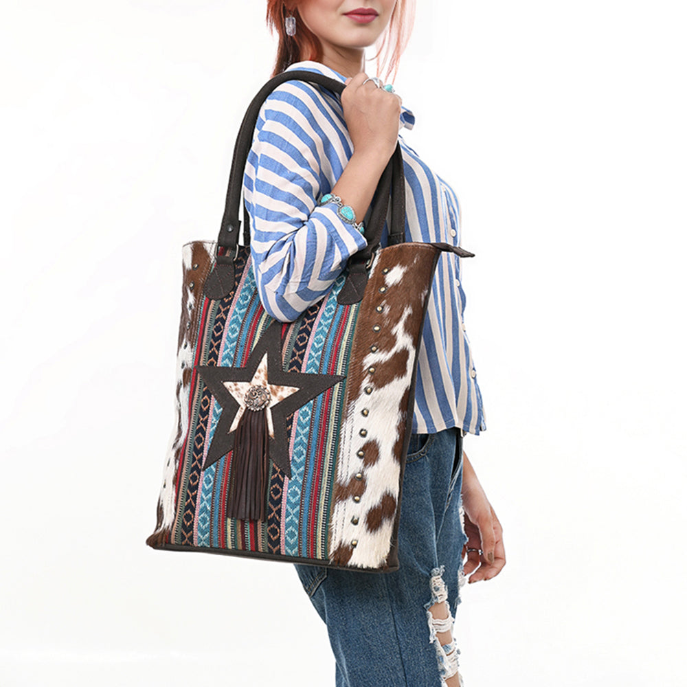 OHLAY Tote Hair On Upcycled Canvas Genuine Leather Women Bag Western Handbag Purse