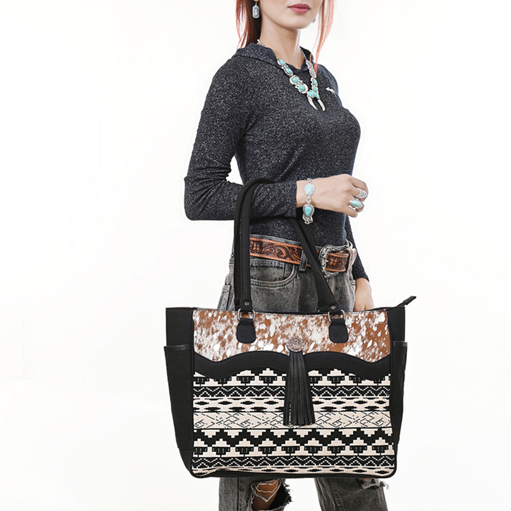 OHLAY Tote Hair On Upcycled Canvas Genuine Leather Women Bag Western Handbag Purse