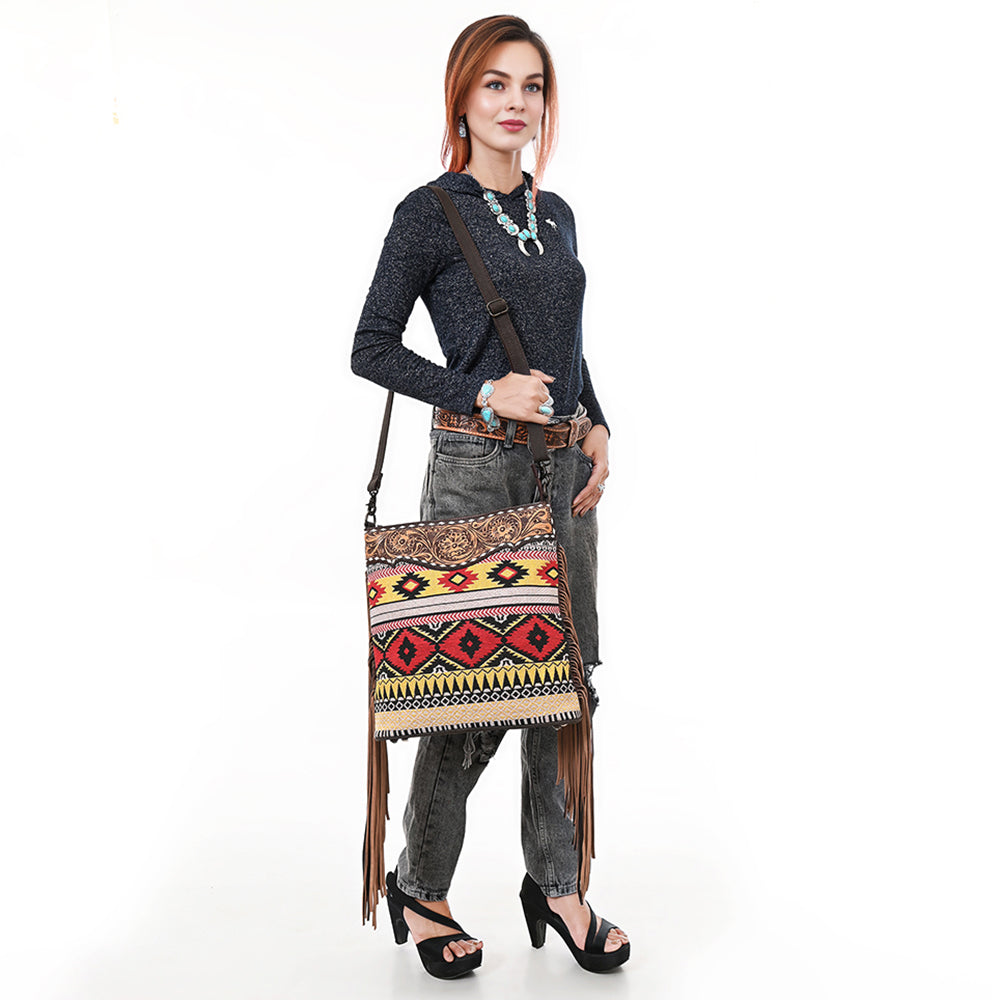 Ohlay Large Crossbody Hand Tooled Upcycled Canvas Genuine Leather