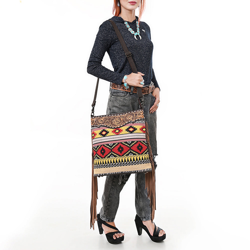 OHLAY Large Crossbody Hand Tooled Upcycled Canvas Genuine Leather Women Bag Western Handbag Purse