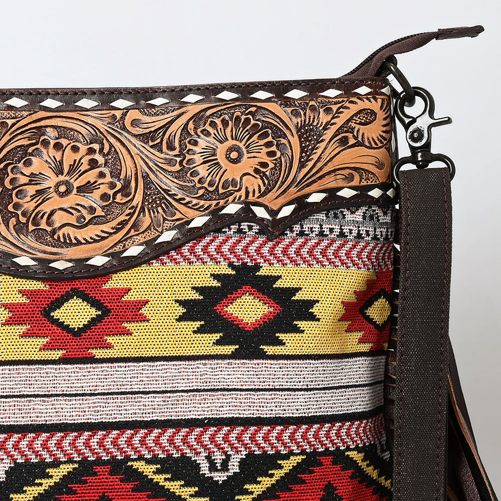 Ohlay Large Crossbody Hand Tooled Upcycled Canvas Genuine Leather